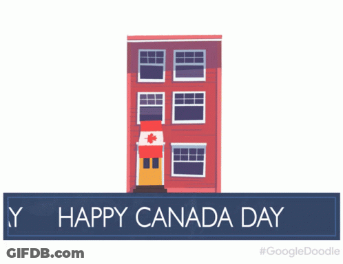 A Sign That Says Happy Canada Day With Three Houses GIF