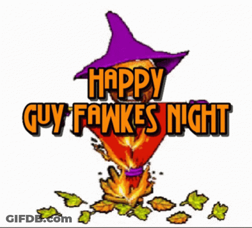 A Sign That Says Happy Guy Fawkes Night With A Witch Hat On GIF