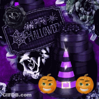 A Sign That Says Happy Halloween Is Surrounded By Pumpkins And Roses GIF