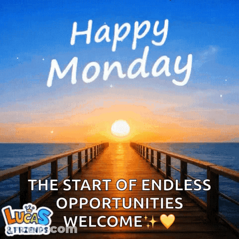 A Sign That Says Happy Monday With A Sunset In The Background GIF