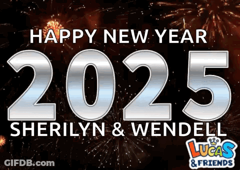 A Sign That Says Happy New Year 2025 With Fireworks Behind It GIF