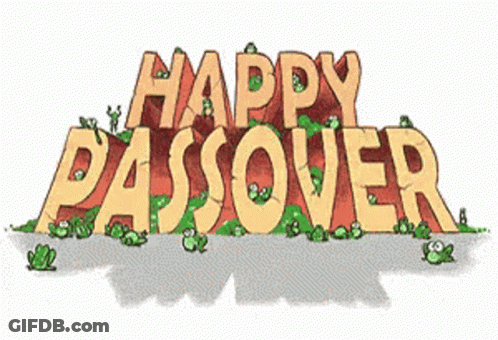 A Sign That Says Happy Passover With Frogs In The Grass GIF