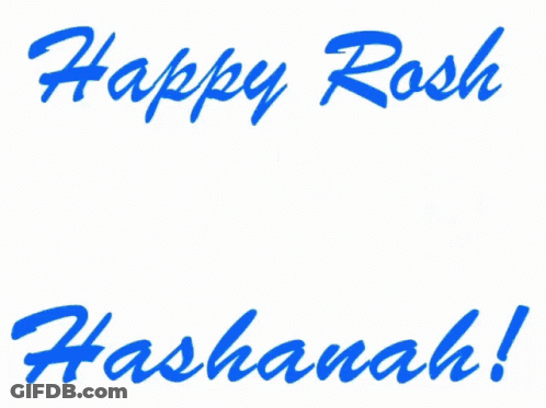 A Sign That Says Happy Rosh Hashanah With Blue Confetti Around It GIF