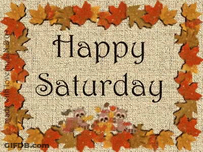 A Sign That Says Happy Saturday Surrounded By Autumn Leaves GIF