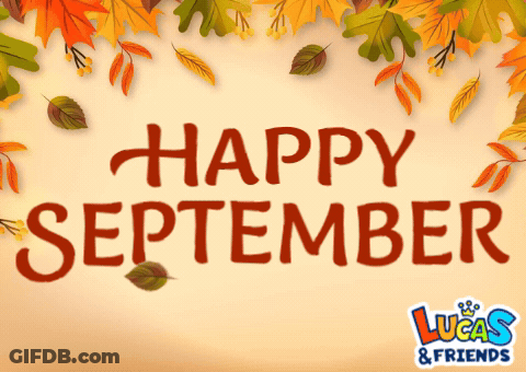 A Sign That Says Happy September With Leaves On It GIF