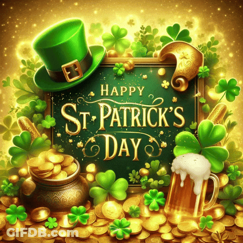 A Sign That Says Happy St. Patrick 'S Day Surrounded By Gold Coins And Clovers GIF
