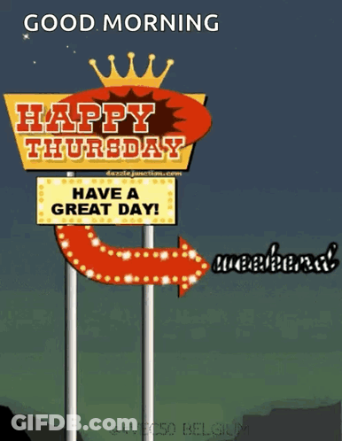 A Sign That Says Happy Thursday Has A Crown On Top GIF
