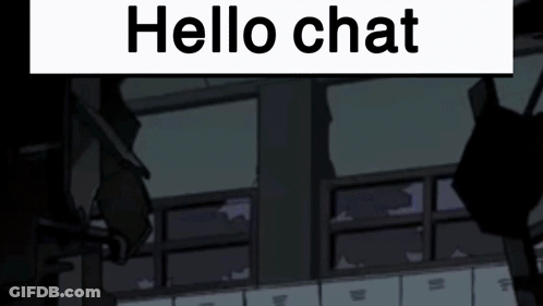 A Sign That Says Hello Chat Is In Front Of A Dark Room GIF