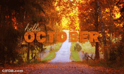 A Sign That Says Hello October Is Surrounded By Trees GIF