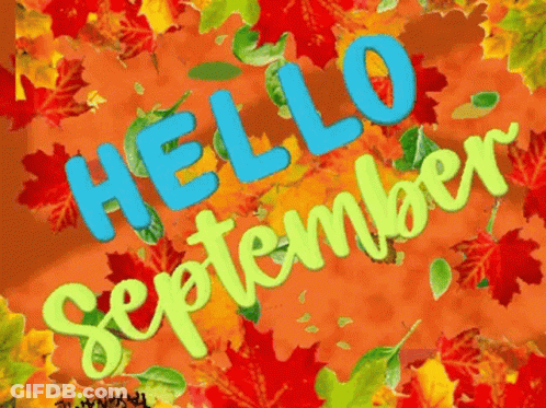 A Sign That Says Hello September With Autumn Leaves In The Background GIF