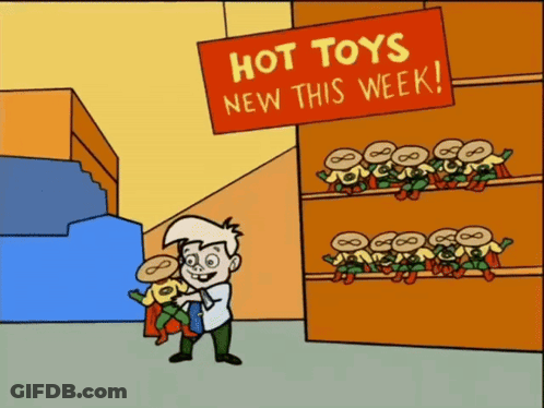 A Sign That Says Hot Toys New This Week Hangs Over A Store GIF