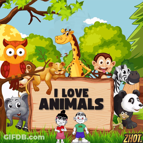 A Sign That Says " I Love Animals " Is Surrounded By Cartoon Animals GIF