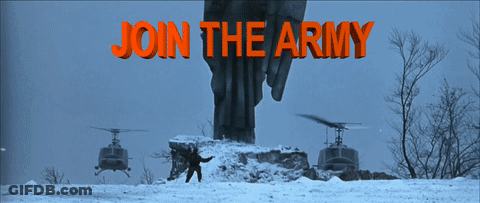 A Sign That Says Join The Army With A Statue In The Background GIF