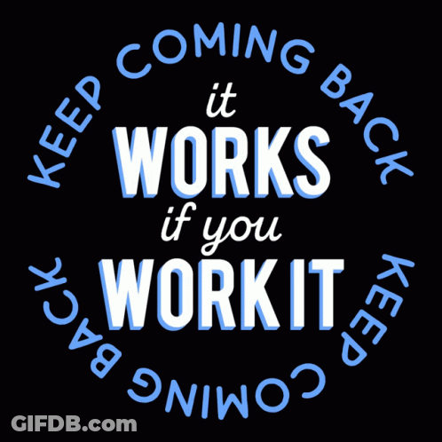 A Sign That Says " Keep Coming Back " And " It Works If You Work It " GIF