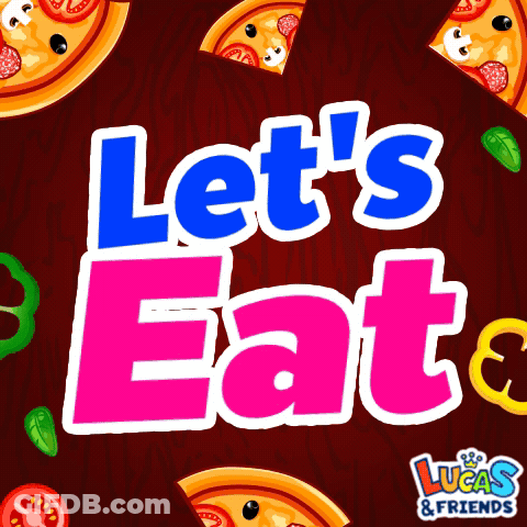 A Sign That Says Let 'S Eat With Pizza Slices On It GIF