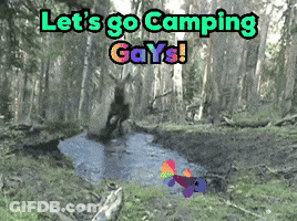 A Sign That Says Let 'S Go Camping Gays In The Woods GIF