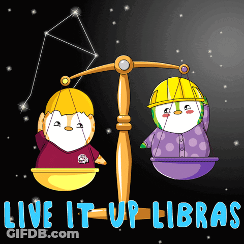 A Sign That Says Live It Up Libras With Penguins On Scales GIF