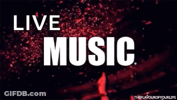 A Sign That Says `` Live Music '' On A Stage With Confetti Falling From The Sky . GIF