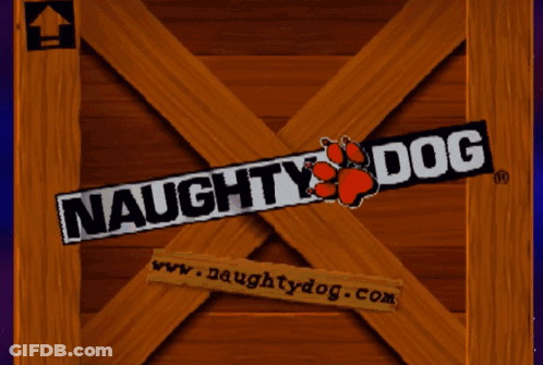 A Sign That Says Naughty Dog On It GIF