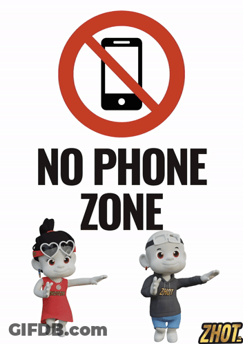 A Sign That Says No Phone Zone With Two Characters GIF