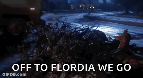 A Sign That Says Off To Flordia We Go In Front Of A Snowy Street GIF