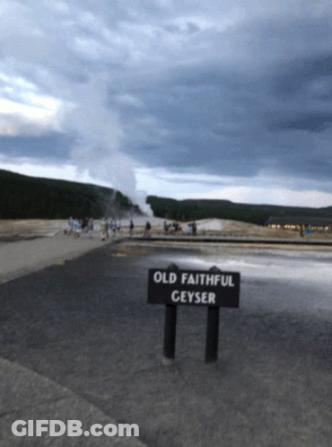 A Sign That Says Old Faithful Geyser In Front Of People GIF