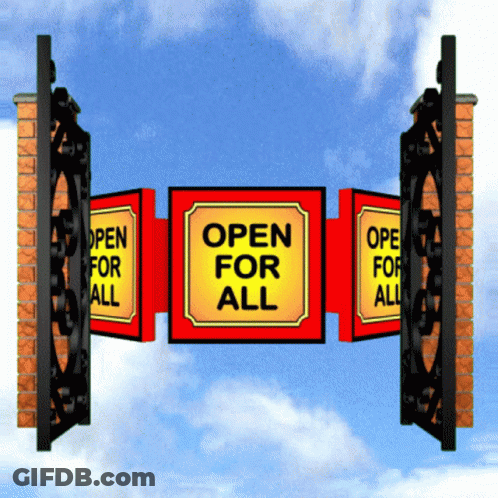 A Sign That Says Open For All Is On A Brick Wall GIF