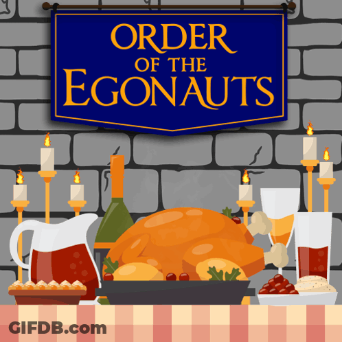A Sign That Says Order Of The Egonauts Hangs Over A Table GIF