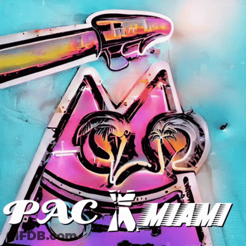 A Sign That Says Pac Miami With A Peace Sign GIF