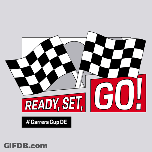 A Sign That Says " Ready Set Go " With Checkered Flags GIF