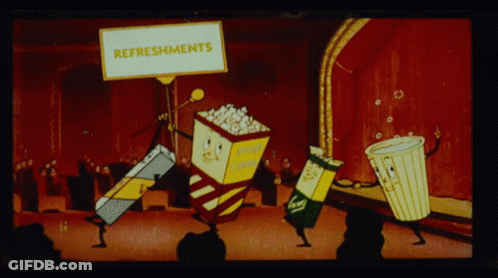 A Sign That Says " Refreshments " Is Being Held By A Popcorn Box GIF