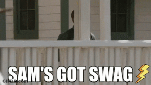 A Sign That Says Sam 'S Got Swag With A Lightning Bolt On It GIF