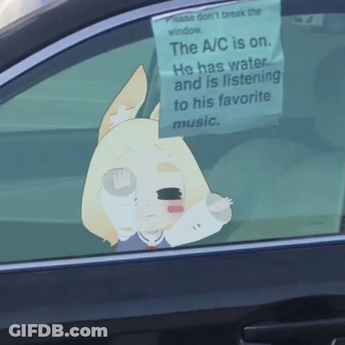 A Sign That Says " The A/c Is On " Hangs From The Window Of A Car GIF