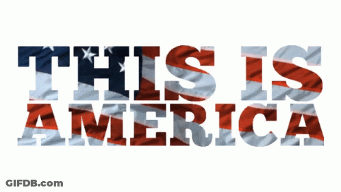 A Sign That Says This Is America With An American Flag In The Background GIF