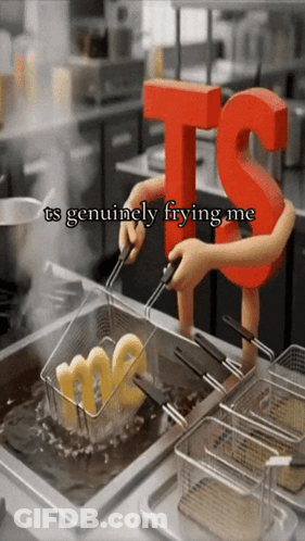 A Sign That Says Ts Genuinely Frying Me Is In Front Of A Fryer GIF