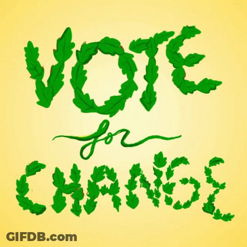 A Sign That Says Vote For Change Made Of Leaves On A Yellow Background GIF