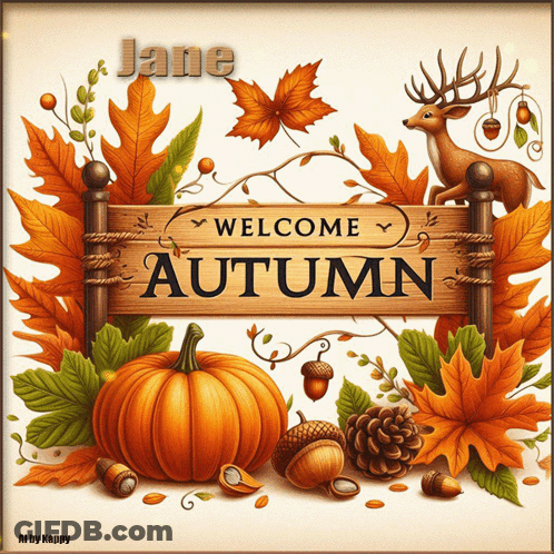 A Sign That Says Welcome Autumn Is Surrounded By Pumpkins And Leaves GIF