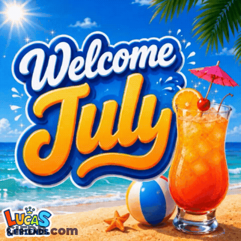 A Sign That Says Welcome July With A Beach Scene In The Background GIF