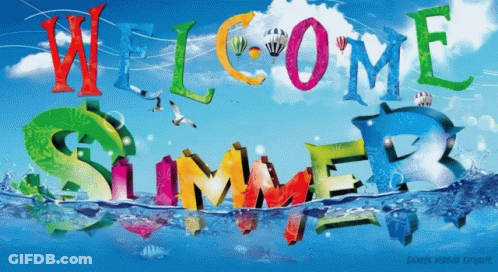 A Sign That Says Welcome Summer With Dolphins In The Water GIF