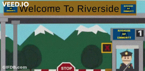A Sign That Says Welcome To Riverside With A Stop Sign In Front Of It GIF