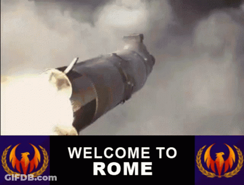 A Sign That Says Welcome To Rome With A Rocket In The Background GIF