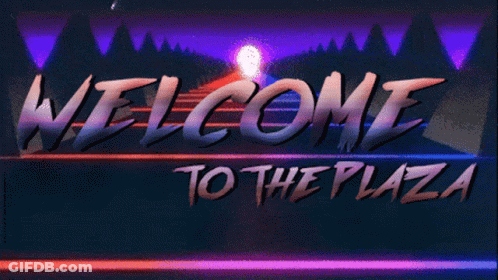 A Sign That Says Welcome To The Plaza With A Sunset In The Background GIF