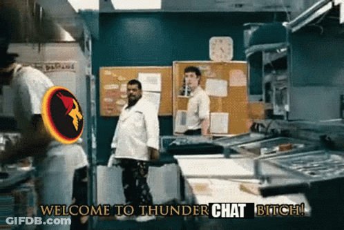 A Sign That Says Welcome To Thunder Chat Bitch In A Kitchen GIF