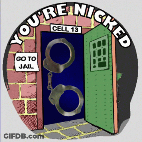 A Sign That Says You 'Re Nicked Cell 13 With Handcuffs On The Door GIF