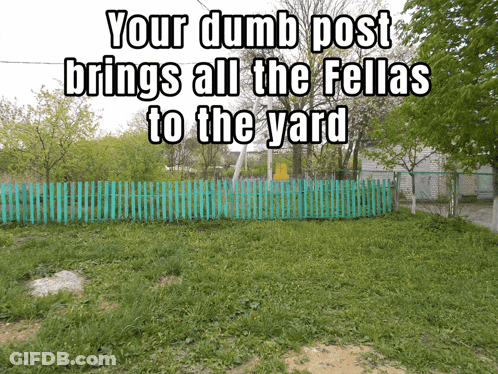A Sign That Says " Your Dumb Post Brings All The Fellas To The Yard " On It GIF