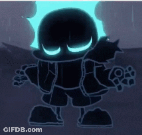 A Silhouette Of A Cartoon Character With Glowing Eyes And A Blue Head . GIF