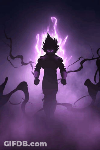A Silhouette Of A Cartoon Character With Purple Flames Behind Him GIF