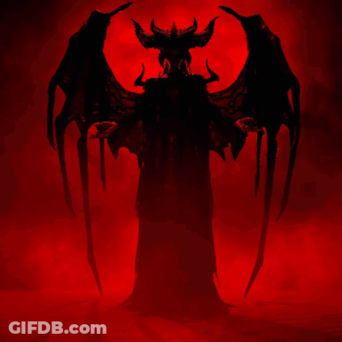 A Silhouette Of A Demon With Horns And Wings GIF