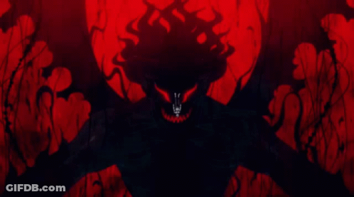 A Silhouette Of A Demon With Red Eyes And A Red Background GIF