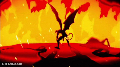 A Silhouette Of A Devil With Wings And Horns Standing In A Field Of Fire GIF